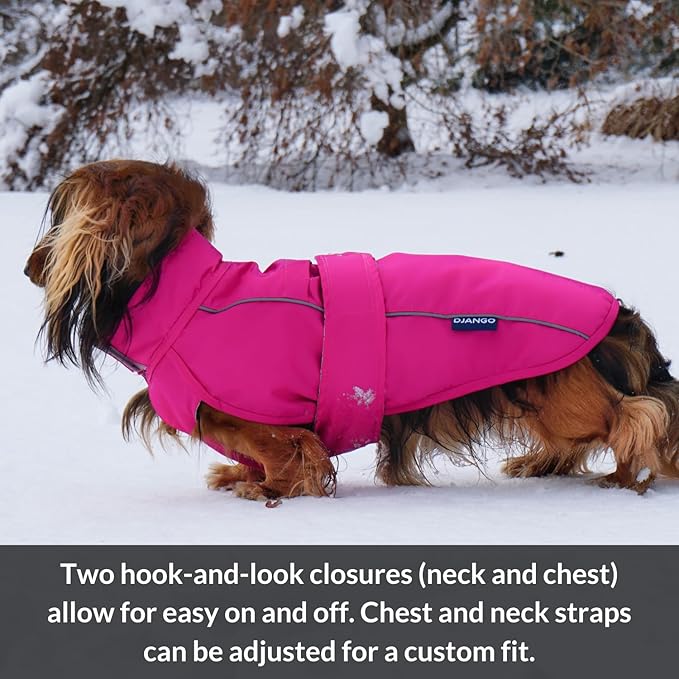 DJANGO Dog Jacket & Raincoat – Lightweight Water-Resistant Coat for Small, Medium & Long Dogs Like Dachshunds – Reflective, Adjustable Fit, Harness-Compatible & Easy-Access Harness Hole - Pink, Medium