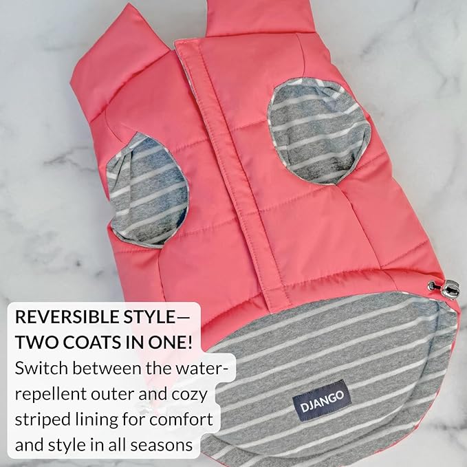 DJANGO Puffer Dog Coat – Warm Winter Dog Jacket & Water-Repellent Insulated Puffer Vest with Striped Lining, Harness Hole, Adjustable Fit for Small & Medium Dogs, Dachshunds – Rose Petal Pink, Small