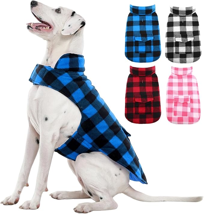 Kuoser Dog Winter Coat, Windproof Dog Fleece Jacket British Style Plaid Cold Weather Doggie Vest Coats, Reversible Cozy Warm Pet Clothes Apparel for Large Size Dogs L