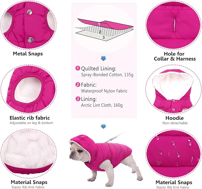 Windproof Waterproof Dog Coat Fleece & Cotton Lined Warm Jacket, Cold Weather Pet Apparel Clothes Vest for Small to Large Dogs (2XL, Pink)