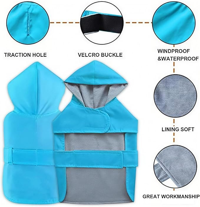 Dog Raincoat Dog Rain Jacket Poncho Waterproof Pet Rain Suit Double Layer Breathable Lining Hooded Leash Hole Adjustable for Medium Dogs,Blue,XXXL