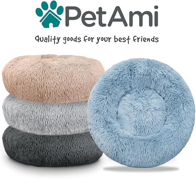 PetAmi Calming Dog Bed for Small Medium Dog Cat, Round Donut Dog Bed Washable, Fluffy Faux Fur Plush Cuddler Pet Kitten Cushion Bed, Anti-Slip, Fits up to 25 lbs, 23 inch, Light Gray