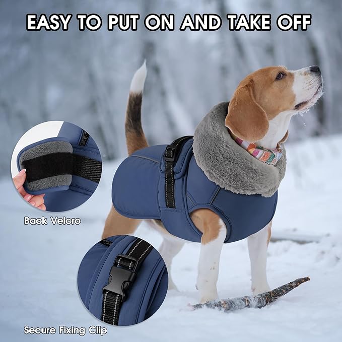 PETDSH Dog Coat Large, Windproof Dog Jacket with Warm Fleece Lining, Thickened Collar Dogs Winter Coat, Adjustable Reflective Pet Coats for Cold Weather (Navy Blue, Large)