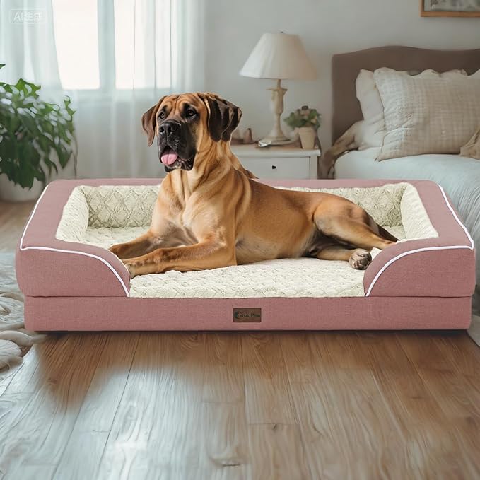 Orthopedic Dog Beds for Extra Large Sized Dogs, Waterproof Memory Foam XL Pet Bed with Sides 42x30Inch, Non-Slip and Egg-Crate Foam Big Dog Couch Bed with Removable Washable Cover, Pink