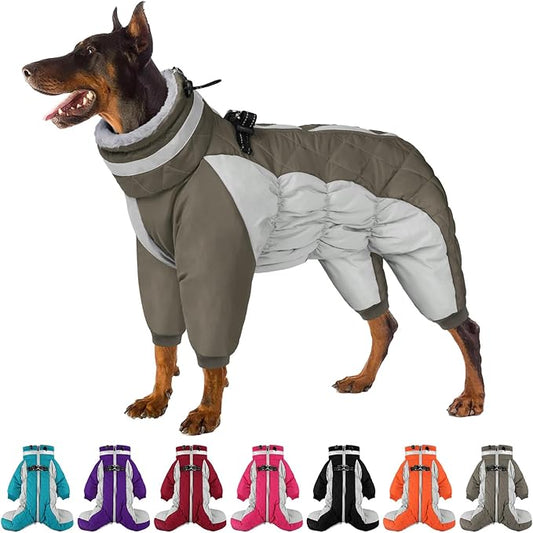SUNFURA Full Body Dog Coat - Warm Fleece Jacket for Large Dogs, Turtleneck Winter Coats with Harness, Reflective Dog Snowsuit Windproof Puffer Jackets with Legs for Weimaraner, Army Green XL