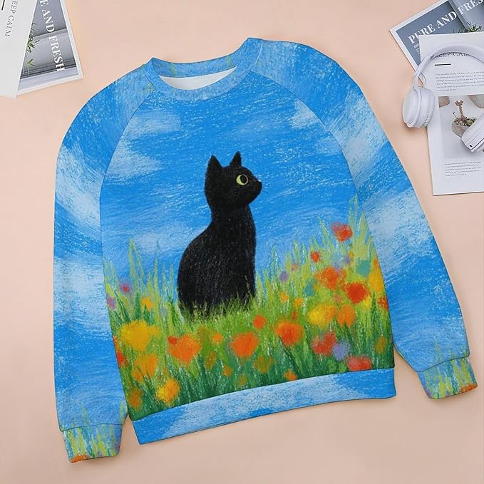 Abstract Cute Cat Shirts for Women Long Sleeve Lady Crewneck Pullover Sweatshirt Fall Winter Oversized Tops