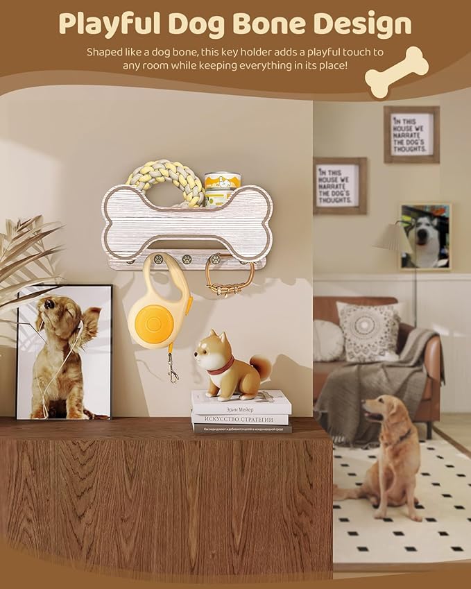 Decorative Dog Leash Holder for Wall - Creative Doggie Bone Shape Key Holder Wall Mount with Dog Stuff Storage Shelf & 5 Cute 3D Puppy Paw Hooks - Ideal for Room Decor (White)