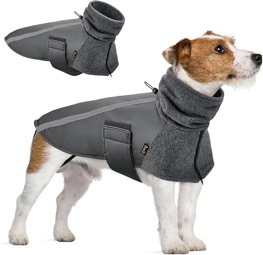 SlowTon Winter Dog Coat, Warm Polar Fleece Lining Doggie Outdoor Jacket with Turtleneck Scarf Reflective Stripe Adjustable Waterproof Windproof Puppy Vest Soft Pet Outfits (S,Grey)