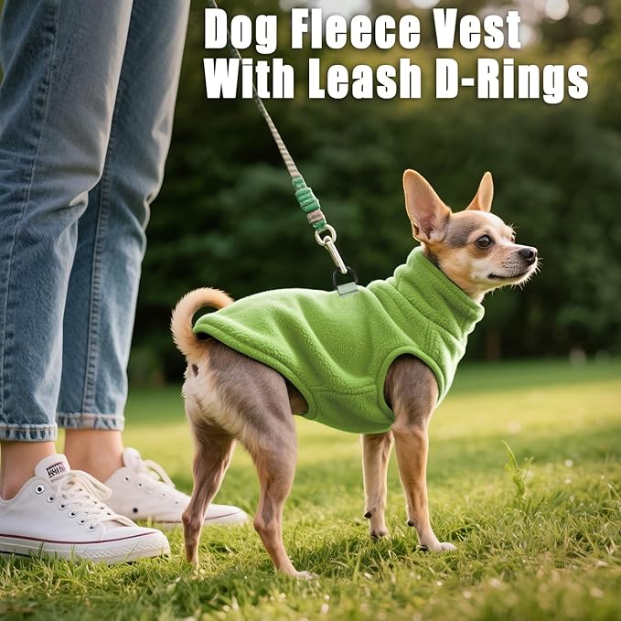 Idepet Dog Fleece Vest Sweater Zip Up Warm Pullover Dogs Jacket with D-Ring Leash Winter Cold Weater Coat Pet Sweatershirt Clothes Hoodie for Small Medium Dogs Boy Girl(Green,S)