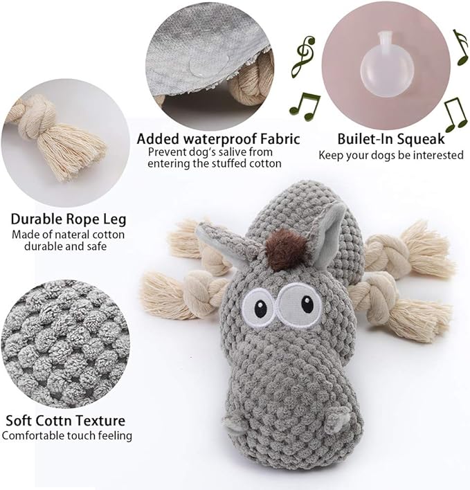 Stuffed Dog Toys, Tug of War Plush Dog Toy for Large Breed, Cute Animal Squeaky Dog Toys with Crinkle Paper, Dog Chew Toys for Puppy, Small, Middle, Big Dogs (Grey, Donkey)