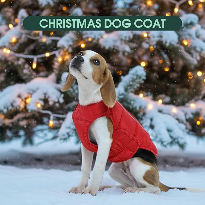 Kuoser Dog Puffer Jacket Warm Dog Coat for Small Medium Dogs, Windproof Reflective Pet Padded Vest Cold Weather Clothes Puppy Snowsuit with Hook & Loop Coats, Easy On/Off, Red M