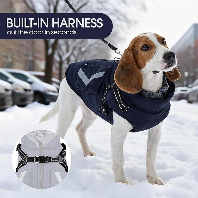 FUAMEY Fleece Lined Dog Coat, Warm Dogs Jacket with Harness, Pop Bag Pockets, Extra Large Doggy Thermal Vest Back Zipper Winter Suit, Snow Cold Weather Outfits, Cocker Spaniel (Dark Blue, 2XL)