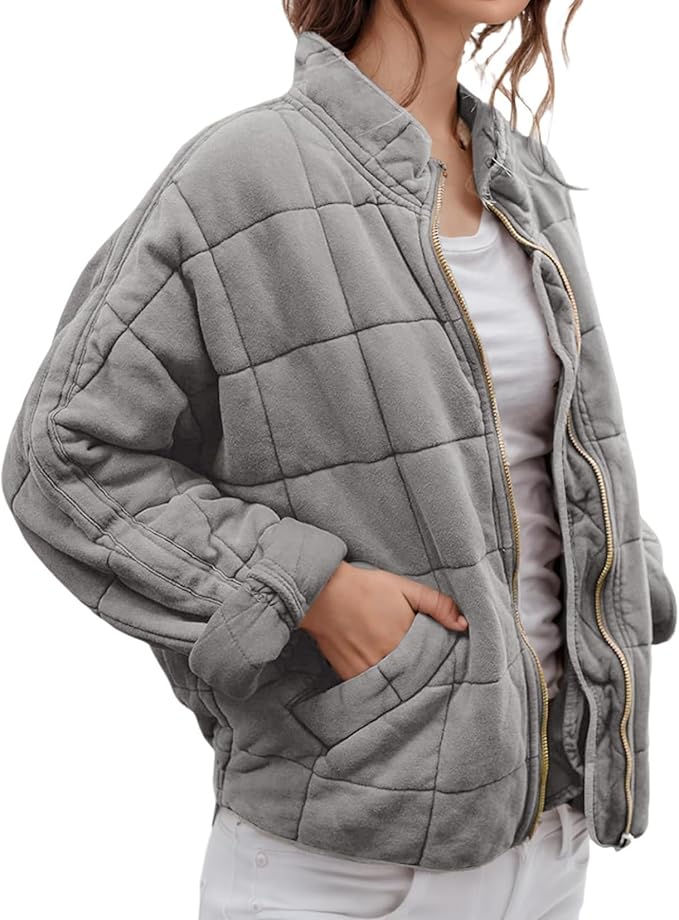 LIZALIG Warm Padded Coat for Women Full Zip Quilted Jackets Winter Oversized Causal Solid Color Stand Collar Pockets Coat