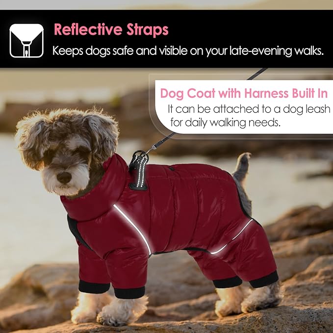 AOFITEE Dog Coat, Waterproof Dog Jacket for Winter, Warm Fullbody Dogs Snowsuit, Winter Coat for Small Dogs, Zip Up Pet Puffer Jacket Fleece Vest, Outdoor Reflective Pet Coats, Christmas Red, S