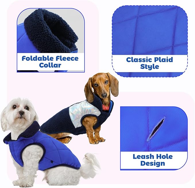 EMUST Small Dog Coat, Reversible Winter Jacket Coats for Small Dogs, Fuzzy Pet Apparel Vest for Small Medium Dogs, Royal Blue, S
