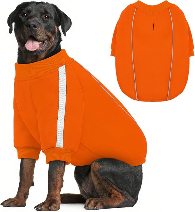 Queenmore Cozy Fleece Dog Sweater XL, Soft Pullover Dog Sweatshirt, Warm Winter Fleece Jacket with Leash Hole/Reflective Stripes for Small Medium Large Dogs Orange
