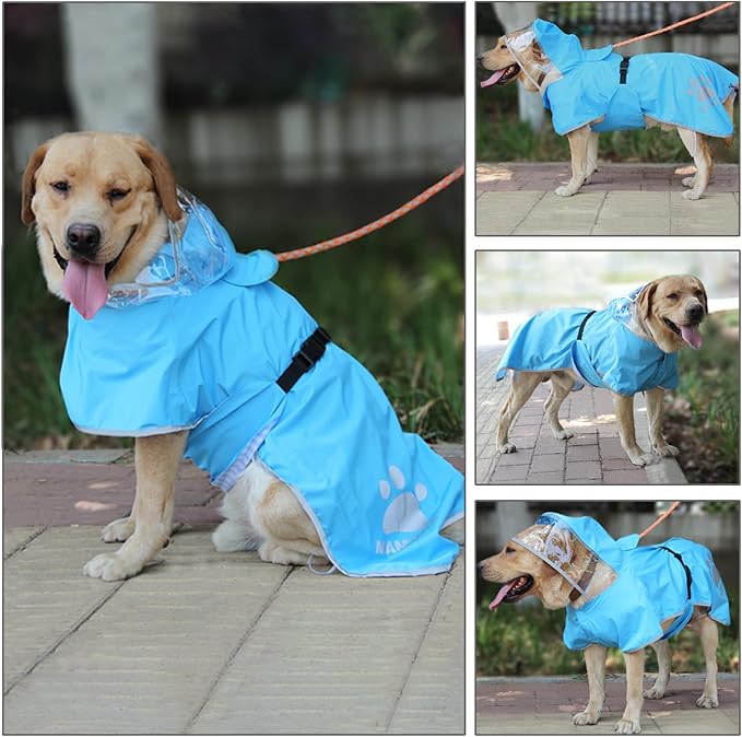 Waterproof Dog Raincoat, Reflective Adjustable Hooded Dog Rain Coat, Lightweight Breathable Pet Rain Jacket Poncho Double Layer with Leash Hole for Small Medium Large Dogs (Blue, Large)