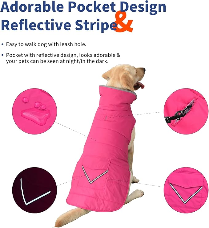 Dog Coat, Waterproof Dog Winter Jacket with Pocket, Reflective Adjustable Pet Snow Vest, Warm Cozy Fleece Sweater for Small Medium Extra Large Dogs - Pink, 3XL