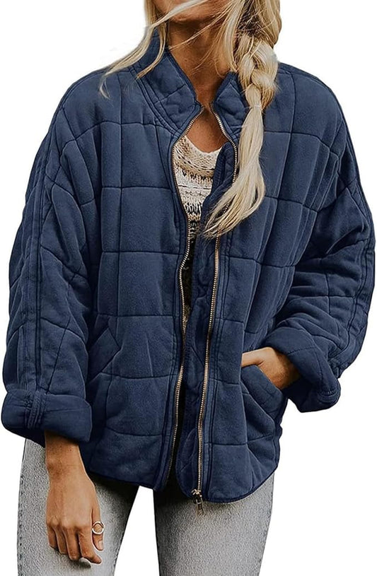 LIZALIG Warm Padded Coat for Women Full Zip Quilted Jackets Winter Oversized Causal Solid Color Stand Collar Pockets Coat