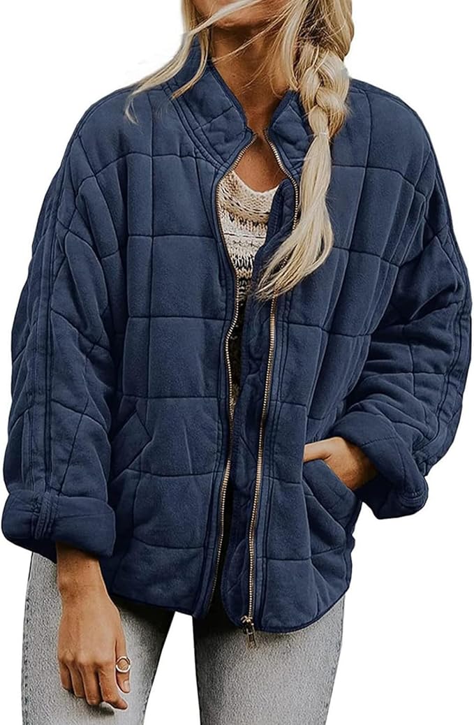 LIZALIG Warm Padded Coat for Women Full Zip Quilted Jackets Winter Oversized Causal Solid Color Stand Collar Pockets Coat