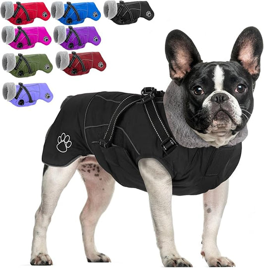 Doglay Dog Jacket Waterproof Dog Coat with Harness Built in, Christmas Puppy Winter Coat Reflective Turtleneck Puffer Snow Jackets for Small Medium Large Dogs