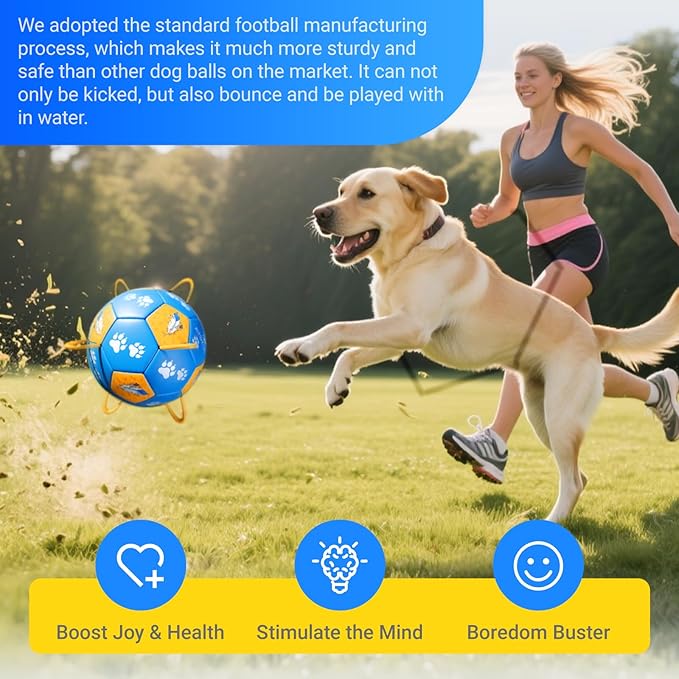 Size 3 Dog Soccer Ball with Straps Durable Training Ball for Pets Interactive Outdoor Dog Toy, Blue & Yellow, Paw Prints and Feather Design, for Medium & Large Puppies
