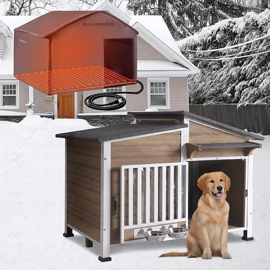 Chew-Resistant Dog House with Metal Frame, Wooden Kennel for Indoor & Outdoor Use, Waterproof Roof & Feeding Bowls Included (Brown, L-in)