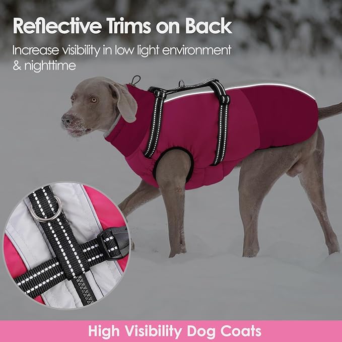 AOFITEE Dog Coat, Warm Dog Jacket with Harness Built-in, Waterproof Medium Dogs Cold Weather Coat with Zipper, Reflective Fleece Lined Pet Snow Jackets for Pug, Jack Russell, Boston Terrier, HotPink M