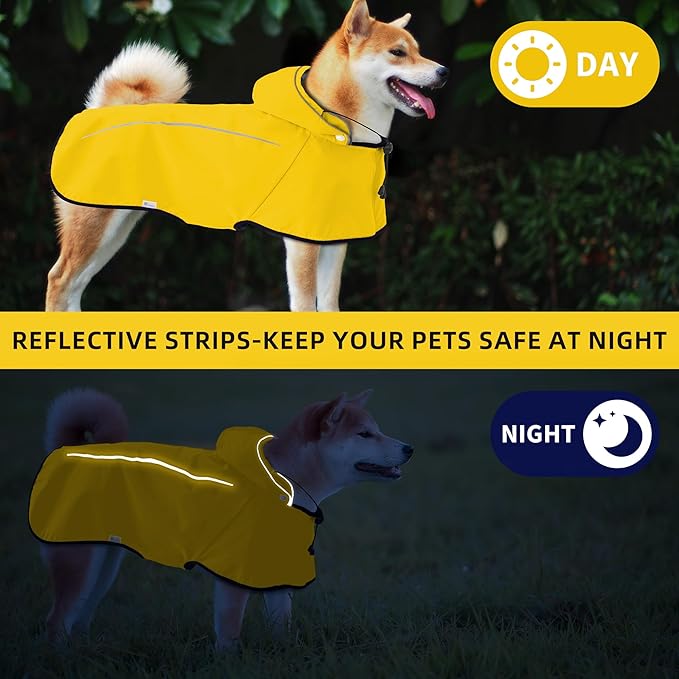 Mile High Life Dog Raincoat, Adjustable Waterproof Pet Rain Jacket, Reflective Hooded Poncho for Small Medium Large Dogs, Lightweight Breathable Pet Rain Coat (Yellow,L Chest 26"-33")