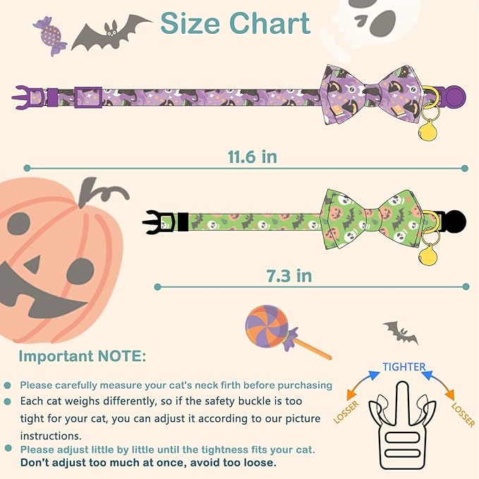 Faygarsle 2 Pack Cute Seasonal Cat Collar for Halloween and Fall Breakaway Collar with Bells Bowtie Cute Patterns for Female and Male Cats Green Purple Cat Collar