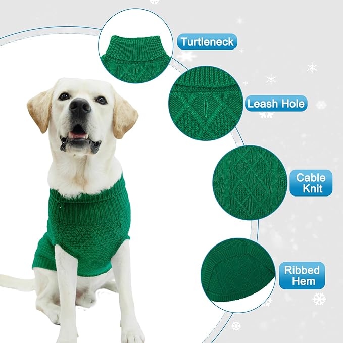 Mihachi Turtleneck Dog Sweater - Winter Coat Apparel Classic Cable Knit Clothes with Leash Hole for Cold Weather, Ideal Gift for Pet in New Year Green 2XL