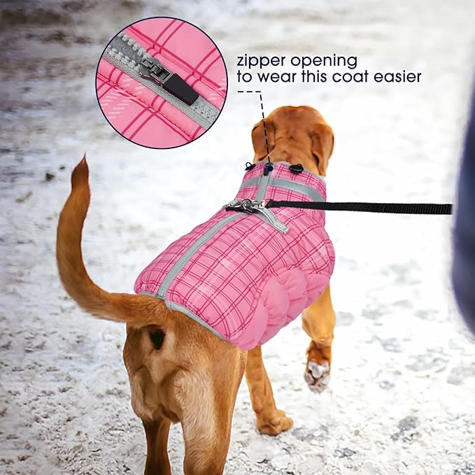 FUAMEY Dog Coat for Small Dogs,Waterproof Dog Winter Jacket with Harness Built in Puppy Cold Weather Coats Reflective Pet Vest with Zipper Warm Fleece Dogs Snowsuit Windproof Rose Plaid S