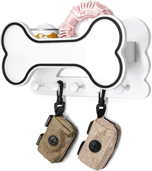 Decorative Dog Leash Holder for Wall - Doggie Bone Shape Key Holder Wall Mount with 5 Chic 3D Puppy Paw Hooks & Dog Stuff Storage Shelf - Apartment Essentials (Black & White)