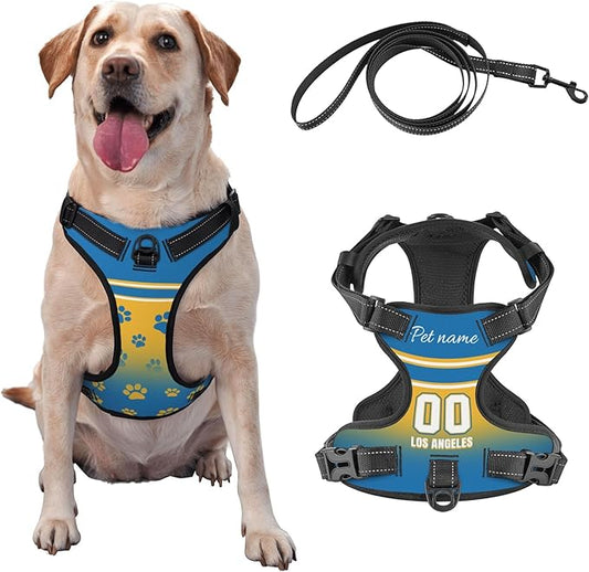 Custom Los Angeles Dog Harness with Reflective Stripes Personalized Name and Number Dog Vest Harness with Pet Traction Rope for Small Medium Large Dog
