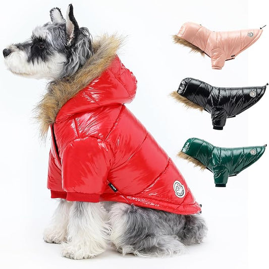 PINA Dog Winter Coat, Dog Winter Jacket with Large Faux Fur Hood, Dog Winter Vest Windproof and Warm, Suitable for Small to Large Dogs, Red, L