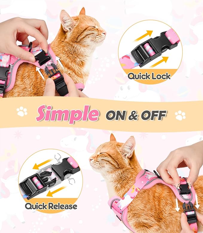 Halypet Cat Harness and Leash Set[MAX Safety 4th-Gen] Cute Escape Proof Vest Harness for Girl&Boy Cat Walking, Comfortable Adjustable Leash and Reflective Strips for Outdoor Kitten, M Pink Unicorn