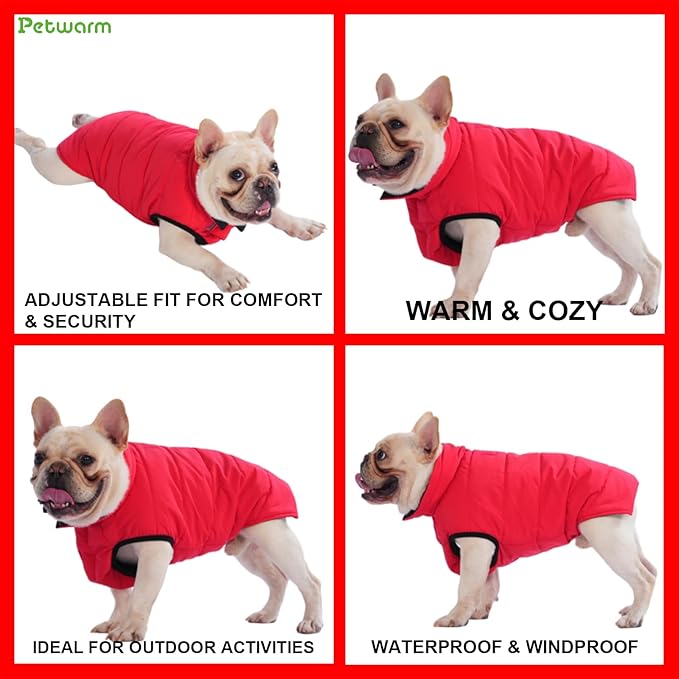 PetWarm Reversible Dog Winter Coat, Windproof Dog Puffer Vest, Soft Vest for Dogs with Hook-and-Loop Strap for Easy Dressing, Waterproof Coat for Dogs with Adjustable Fit, Red, XL