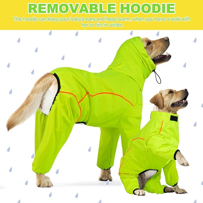 Dog Raincoat, Waterproof Dog Rain Jacket with Removable Hood，Adjustable 4 Legs Pet Poncho with Leash Hole，Reflective Stripe Hooded Snowproof Windproof Clothes for Small to 3X-Large Dogs, S