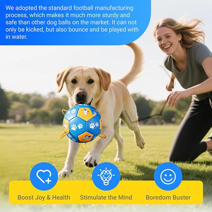 Size 2 Dog Soccer Ball with Straps Durable Training Ball for Pets Interactive Outdoor Dog Toy, Blue & Yellow, Paw Prints and Feather Design, for Small to Medium Puppies