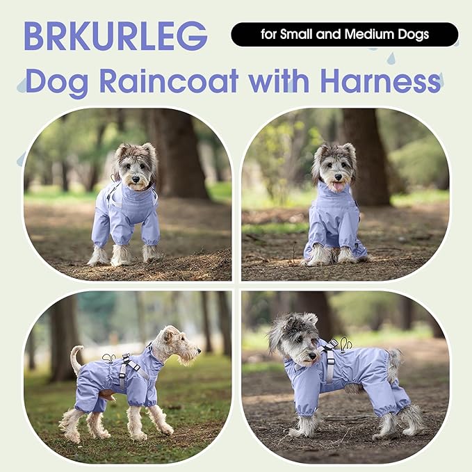 BRKURLEG Dog Raincoat for Small Dogs, Small Dog Rain Jacket with Harness Built in, Waterproof 4 Legs Puppy Raincoats, Puppy Outdoor Jacket with Reflective Strip, Purple, L