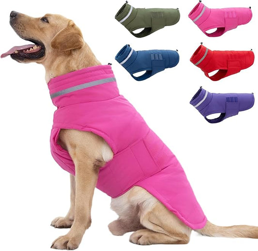 Dog Coat, Waterproof Winter Jacket, Warm Windproof Vest, Reflective Adjustable Turtleneck Coats for Large Dogs with Hook & Loop - Pink - XL