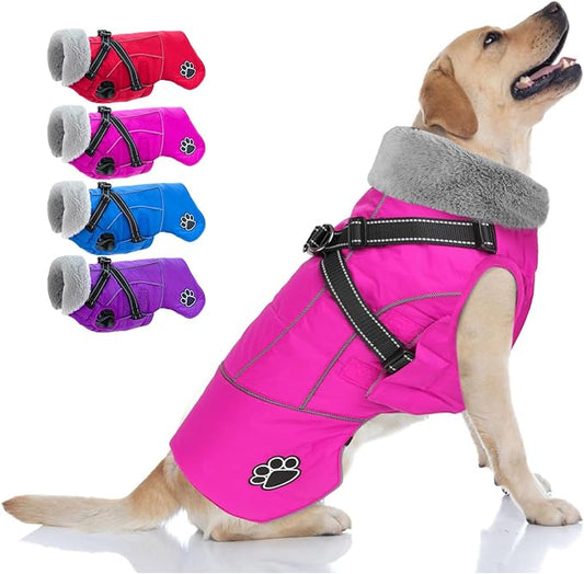 Doglay Dog Coat with Harness, Reflective Warm Dog Jacket Waterproof Puppy Winter Coat for Cold Weather, Adjustable Fleece Jacket for Small Medium Large Dogs