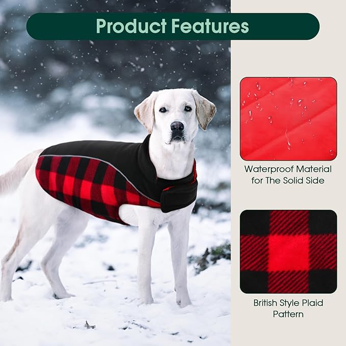 Kuoser Dog Winter Coat, Reversible Waterproof Dog Jacket with Leash Hole, Warm Dogs Fleece Vest Adjustable Doggy Cold Weather Clothes Plaid Christmas Outfit Pet Apparel for Extra Large Dogs, Red 3XL