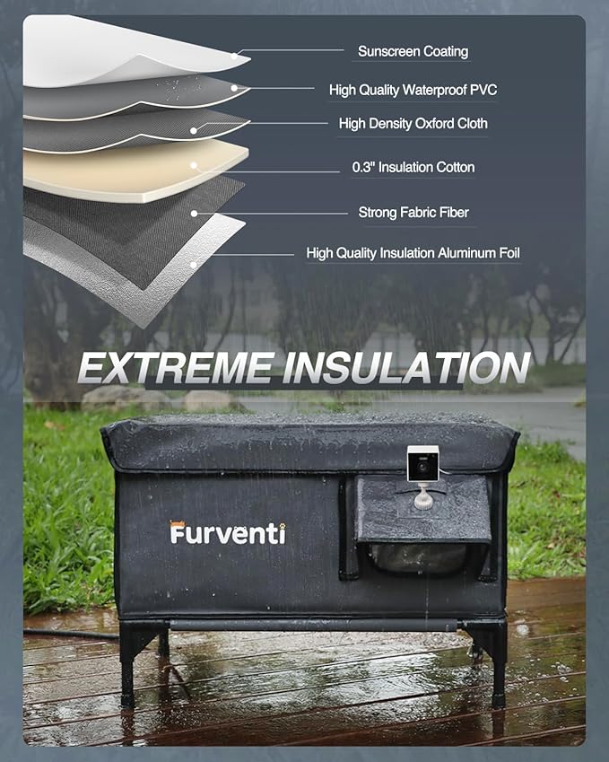 Outdoor Heated Cat House in Winter,Extremely Insulated & Weatherproof,Elevated Feral Cat Shelter with Waterproof Eaves & Escape Door for Outside Stray Barn Cat (Dark Grey, L with Cam)