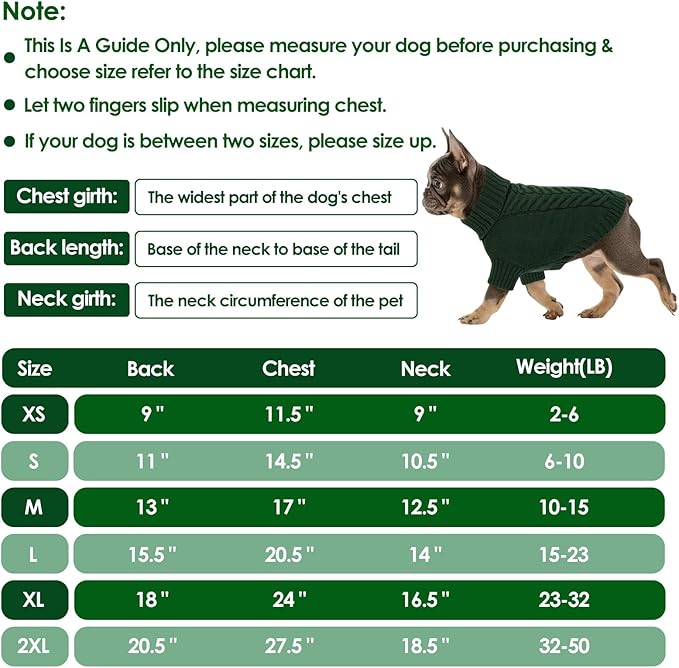 Dog Sweaters for Large Dogs Classic Turtleneck Dog Christmas Sweater Thick Warm Pullover Male Puppy Pet Stretch Knitwear Fall Winter Clothes with Leash Hole(Green, L)
