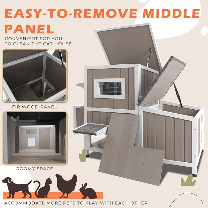 36.1" L Outdoor Cat House,2 Story Wooden Outdoor Cat Shelter with 3 Escape Doors,Weatherproof Fir Wood Feral Cat House with 2 Big Rest Rooms & Openable Asphalt Roof for 2-3 Cats