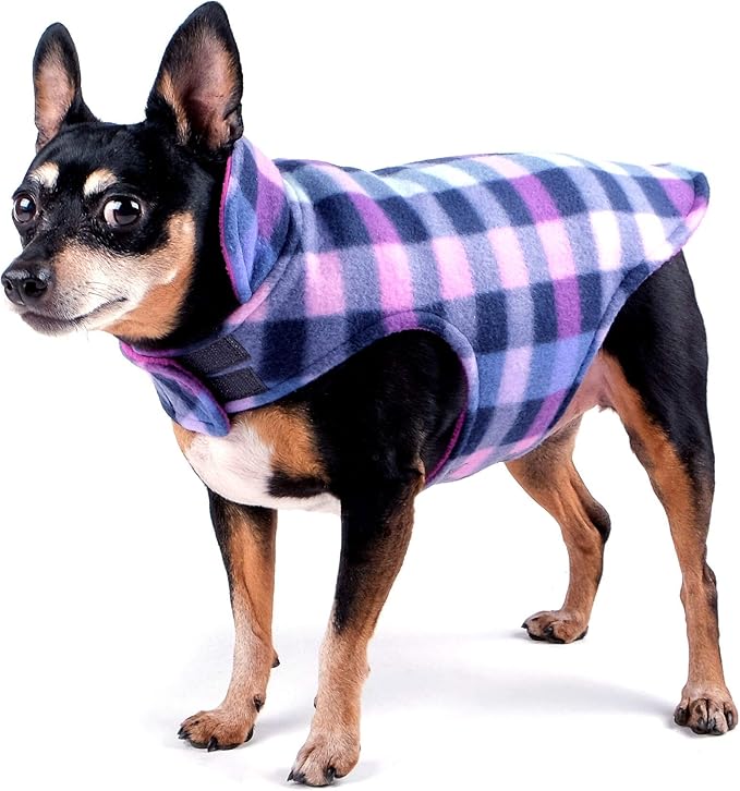 The Worthy Dog Fargo Fleece Check Dog Jacket, Adjustable Reversible With Harness Hole, Wind-Resistant, Winter Outdoor Clothes For Pets, Purple - 30''