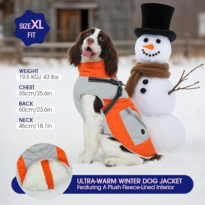 FUAMEY Dog Winter Jackets for Large Dogs,Dog Coat with Harness Built in,Waterproof Dogs Snowsuits Warm Pet Jacket Zip Up Fleece Cold Weather Coats Reflective Puppy Vest with Pocket Orange L
