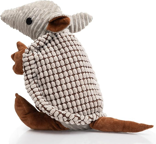 Hollypet Plush Dog Squeaky Toy Stuffed Armadillo Animal Pet Puppy Chew Toys with Clean Teeth for Small Medium Large All Breed Sizes Dogs, Gray Large, 8 in