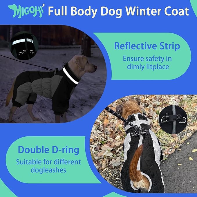 MIGOHI Full Body Dog Coat - Warm Reflective Large Dog Winter Coat with Harness,Turtleneck Fleece Jacket for Dogs,Four-Leg Windproof Puffer Jackets Snowsuit with Zipper for Small Medium Large Dogs,2XL